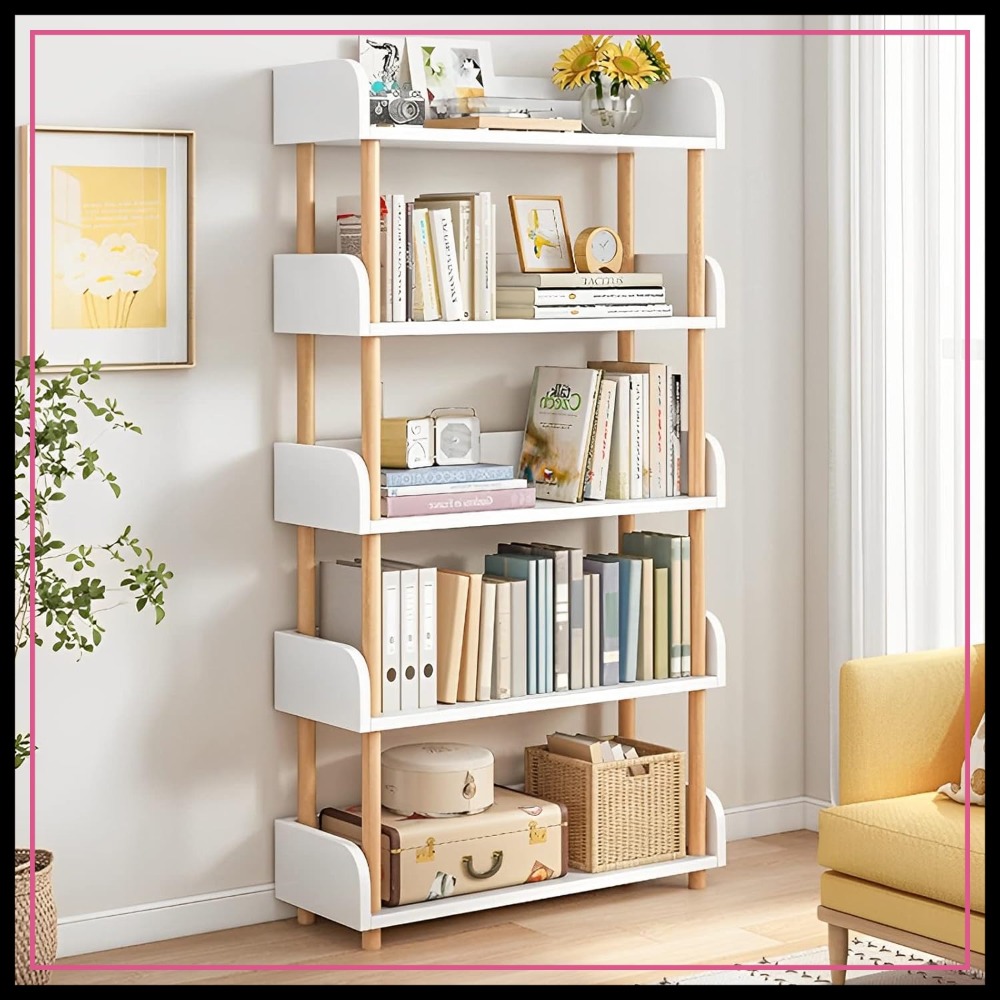 Glass Cabinet Display - 5-Tier Wooden Open Bookcase - Modern