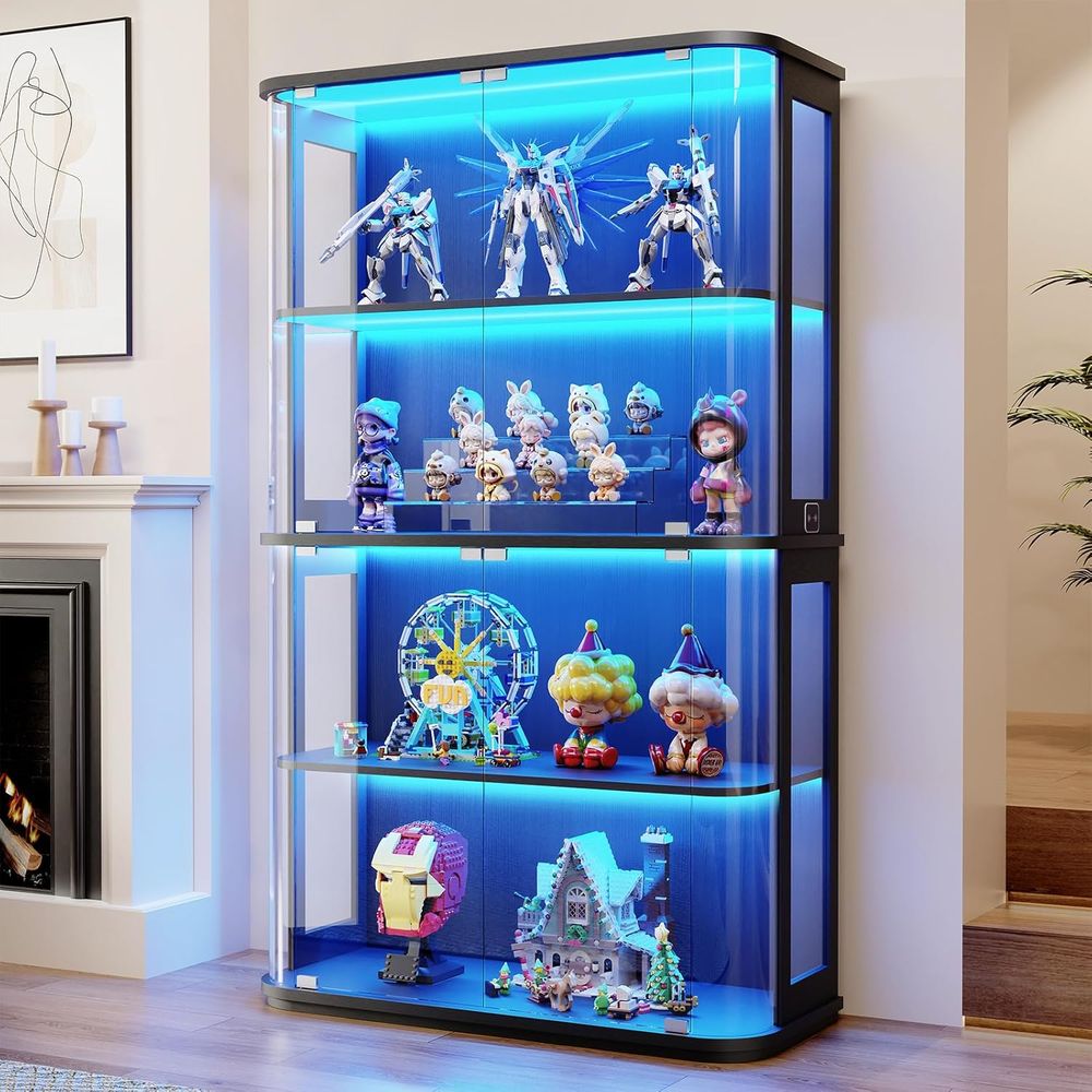 Glass Cabinet Display - 4-Tier Glass Display Cabinet with 3-Color