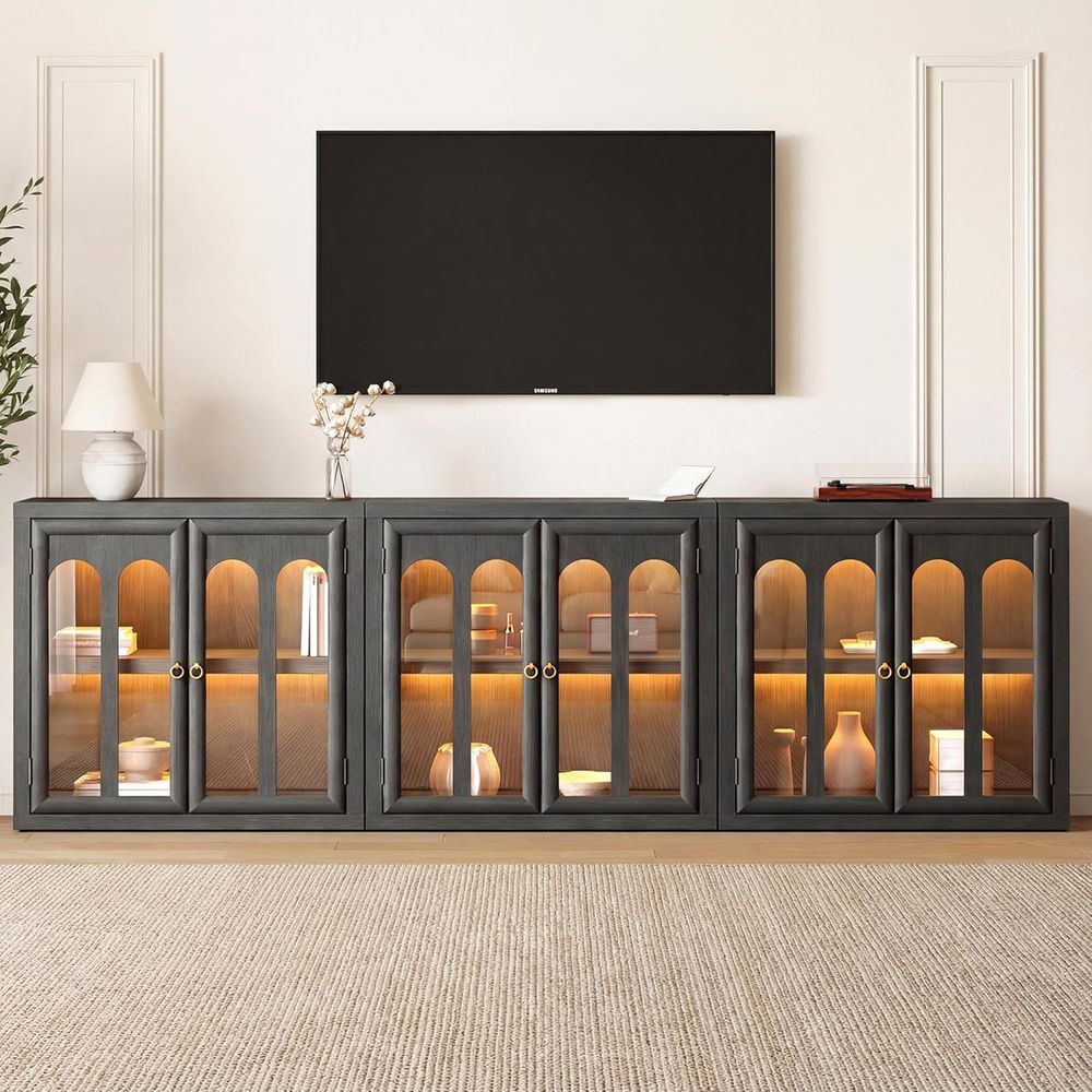 Glass Cabinet Display - 3-Piece Black Sideboard Set with Arched