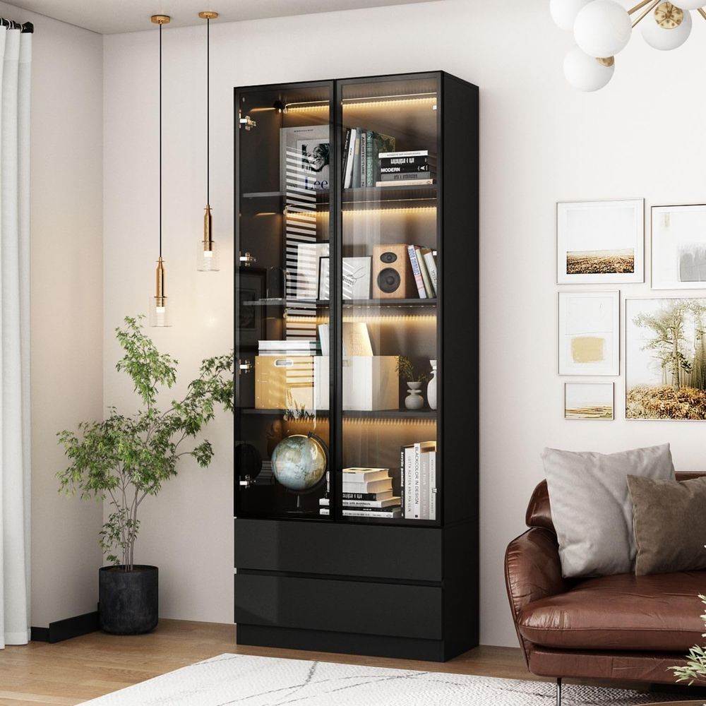 Black 4-Tier Display Cabinet w - Glass Cabinet Display のレビューと価格